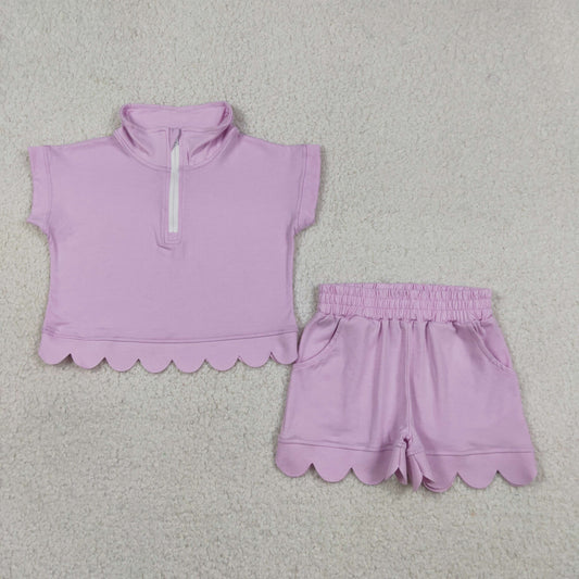 Violet Cotton Zipper Top Pockets Shorts Girls Summer Scallop Clothes Set