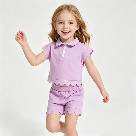 Violet Cotton Zipper Top Pockets Shorts Girls Summer Scallop Clothes Set