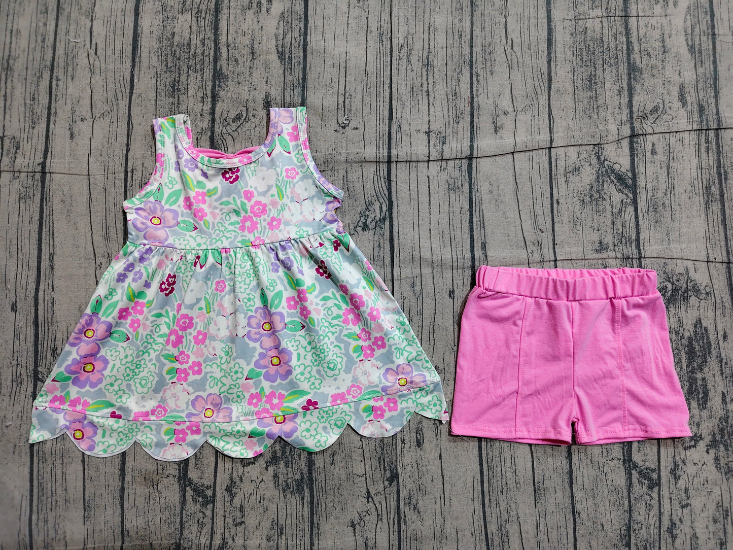GSSO3385 Floral Sleeveless Tunic Top Pink Shorts Baby Girls Scallop Summer Clothes Set