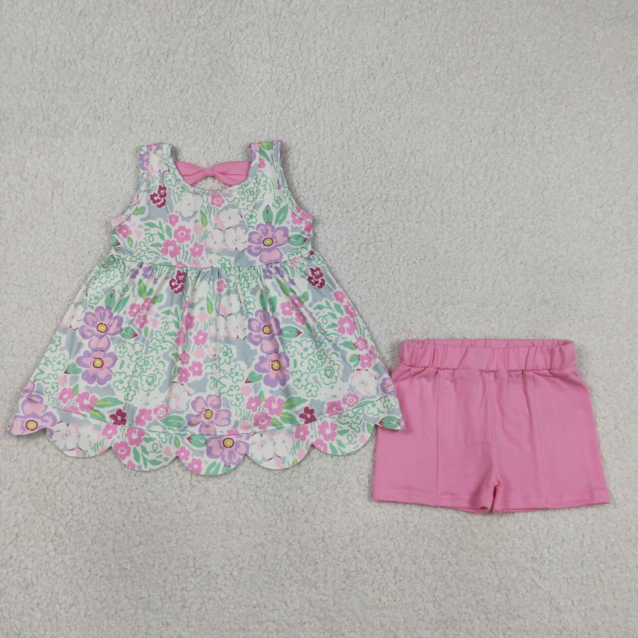 GSSO3385 Floral Sleeveless Tunic Top Pink Shorts Baby Girls Scallop Summer Clothes Set