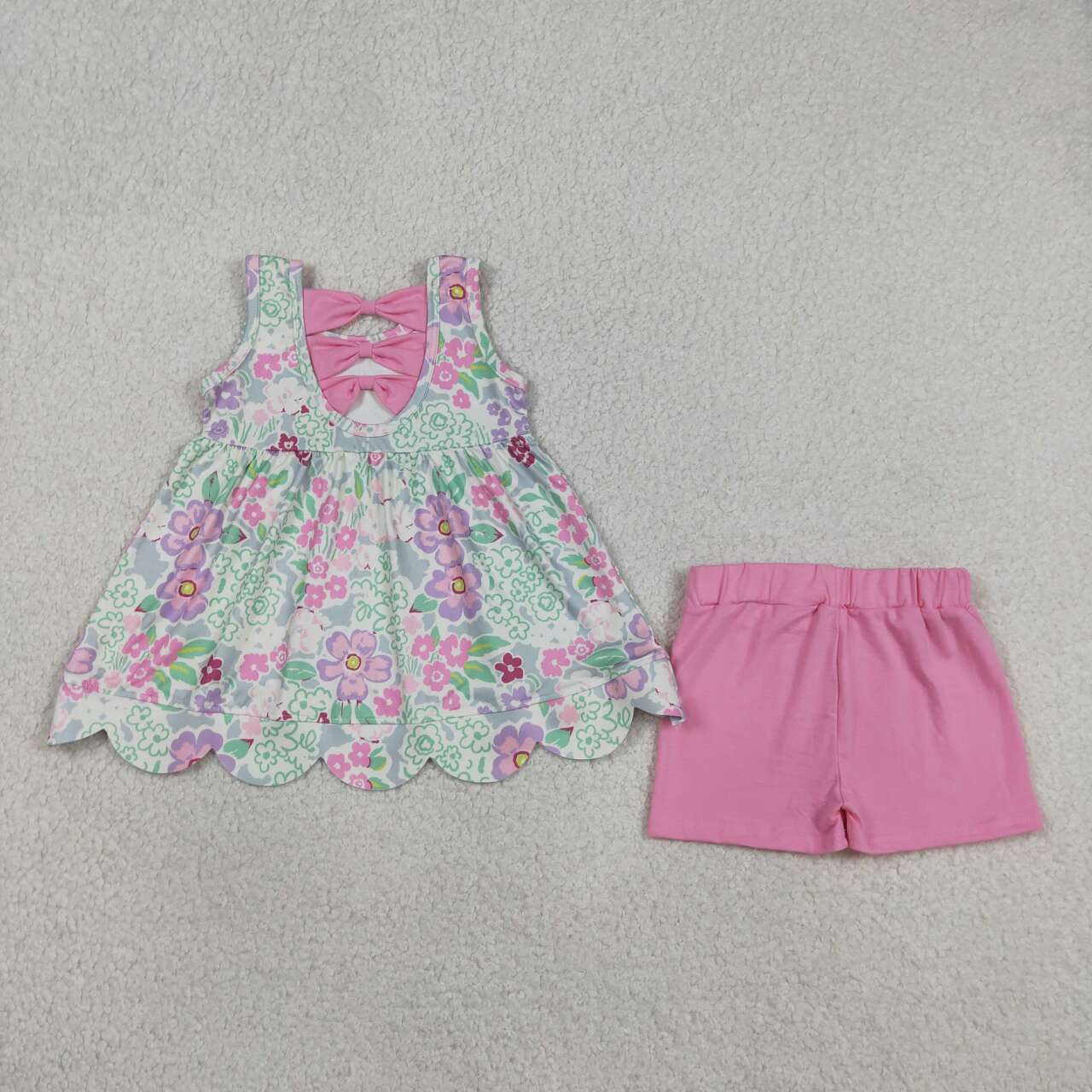 GSSO3385 Floral Sleeveless Tunic Top Pink Shorts Baby Girls Scallop Summer Clothes Set