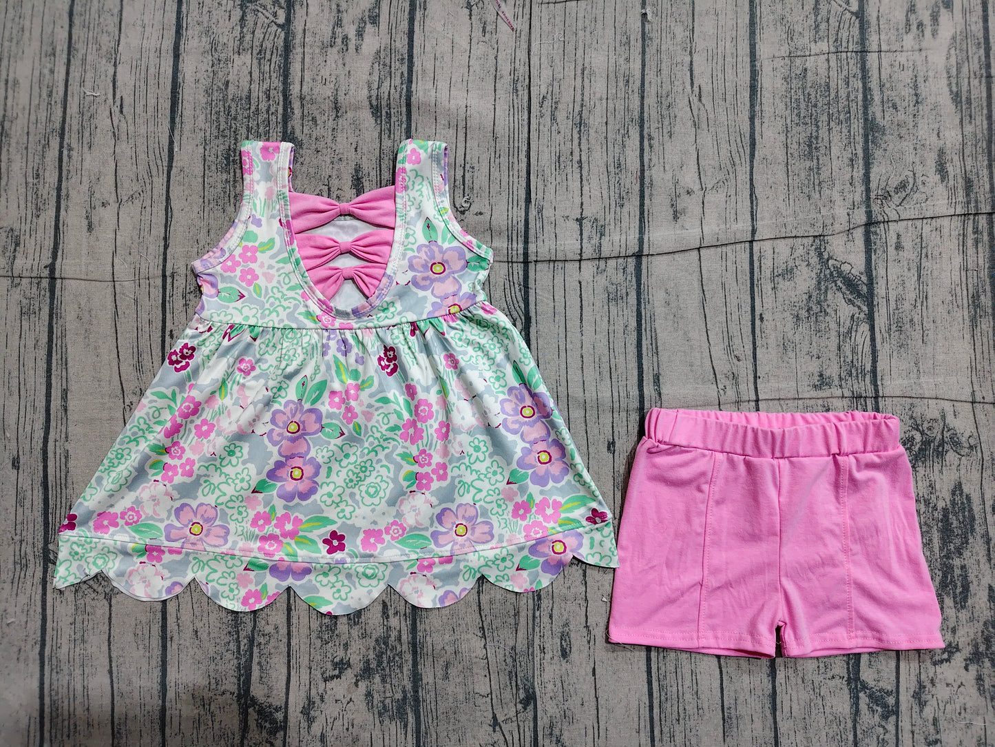 GSSO3385 Floral Sleeveless Tunic Top Pink Shorts Baby Girls Scallop Summer Clothes Set