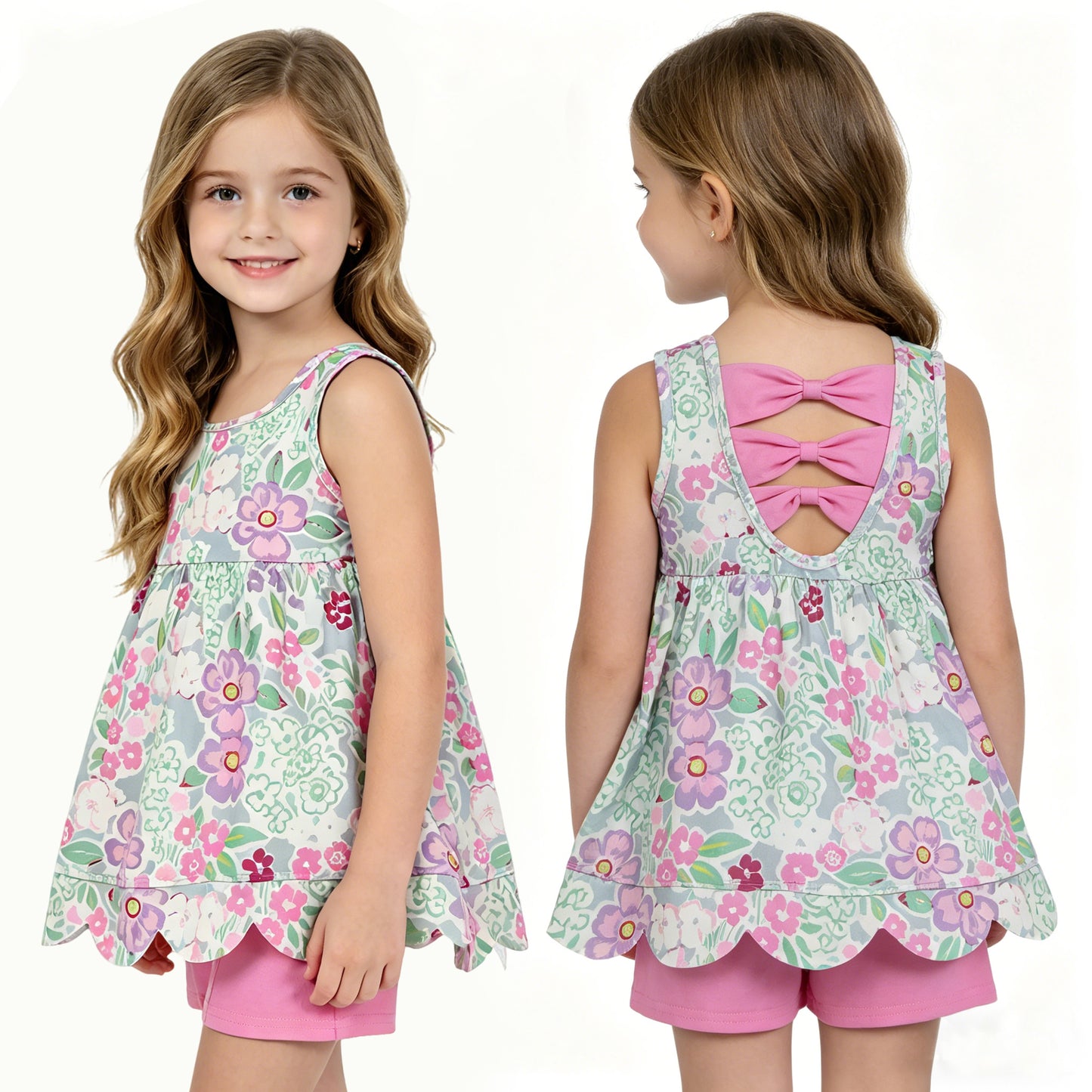 GSSO3385 Floral Sleeveless Tunic Top Pink Shorts Baby Girls Scallop Summer Clothes Set