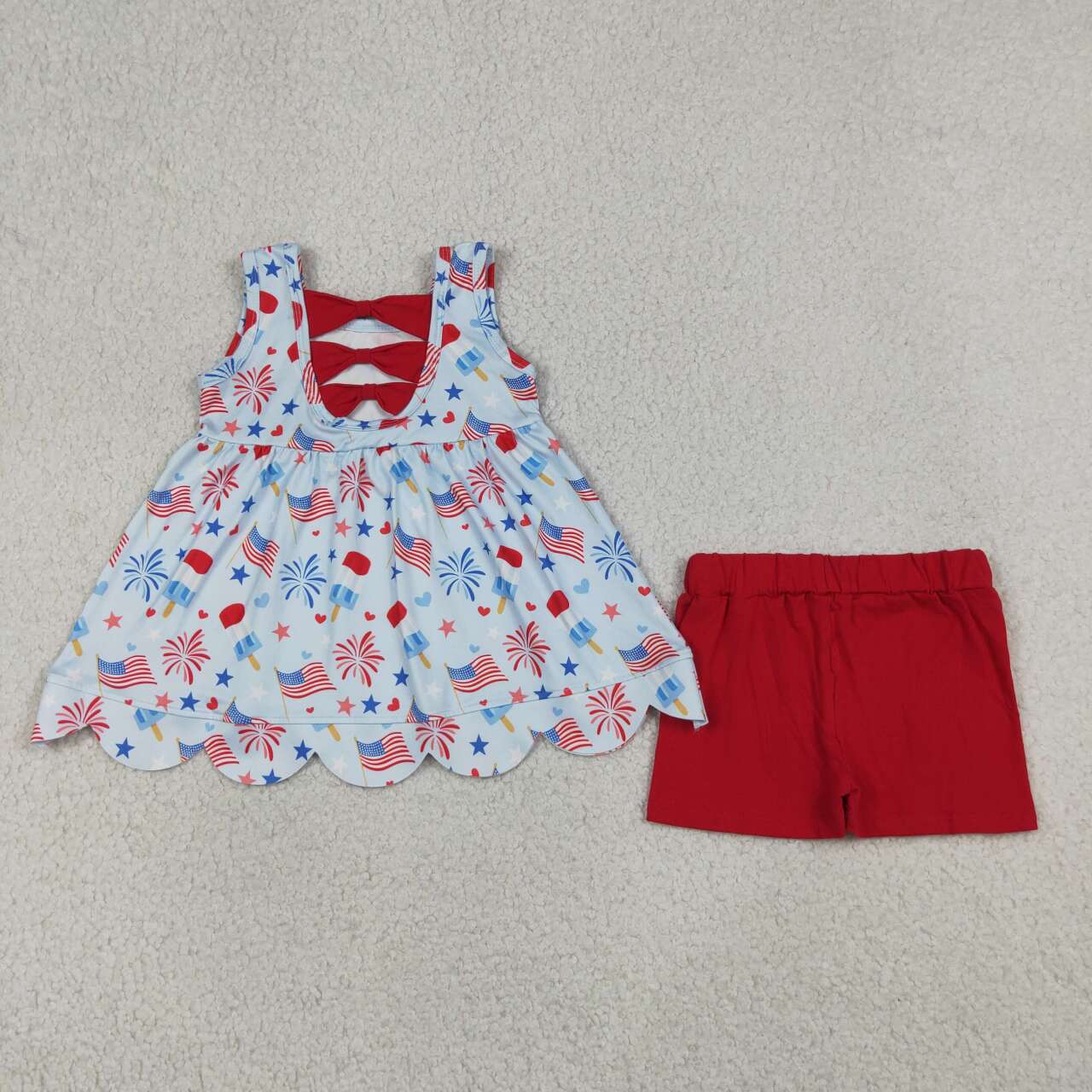 GSSO3386  Popsicle Flags Tunic Sleeveless Scallop Top Red Shorts Baby Girls 4th of July Clothes Set