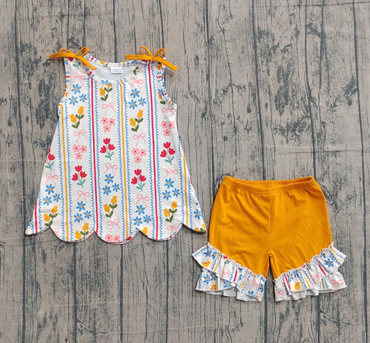 GSSO3388 Colorful Flowers Sleeveless Scallop Top Ruffle Shorts Girls Summer Clothes Set