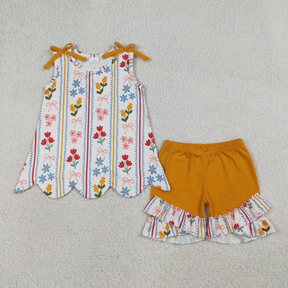 GSSO3388 Colorful Flowers Sleeveless Scallop Top Ruffle Shorts Girls Summer Clothes Set