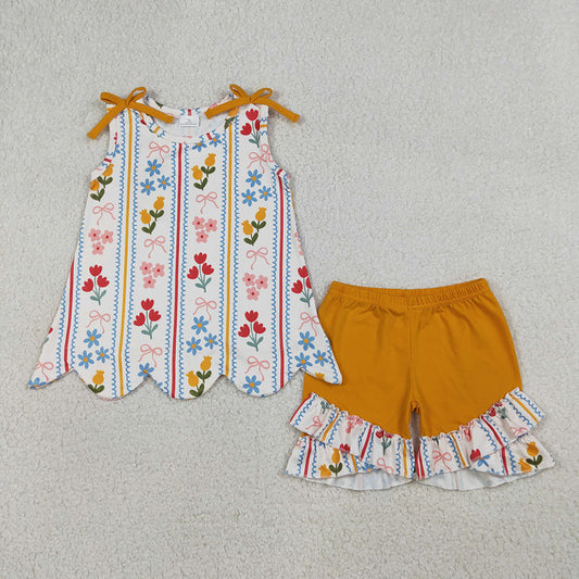 GSSO3388 Colorful Flowers Sleeveless Scallop Top Ruffle Shorts Girls Summer Clothes Set