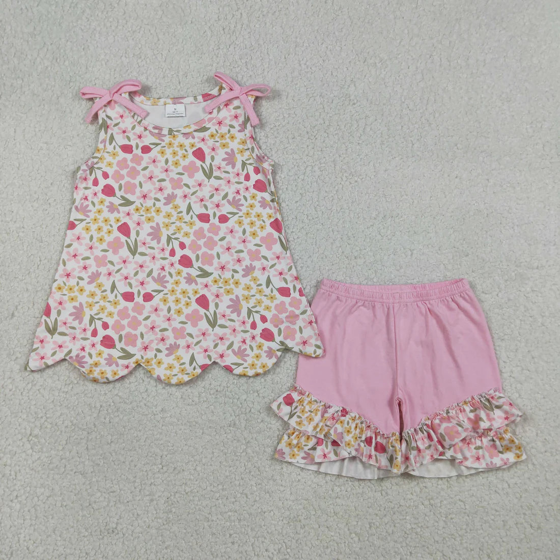 Sibling Baby Girls Colorful Flowers Scallop Tunic Ruffle Short Clothes Sets