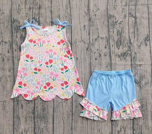 (In Production) Baby Girls Sleeveless Colorful Flowers Tunic Ruffle Shorts  Set