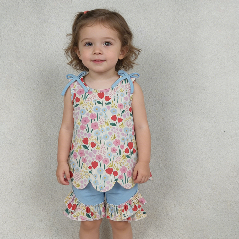 GSSO3390 Colorful Flowers Sleeveless Scallop Top Ruffle Shorts Girls Summer Clothes Set