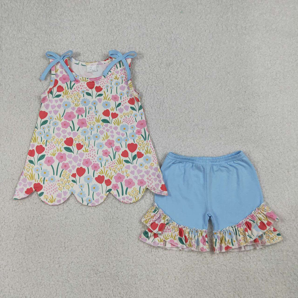 GSSO3390 Colorful Flowers Sleeveless Scallop Top Ruffle Shorts Girls Summer Clothes Set