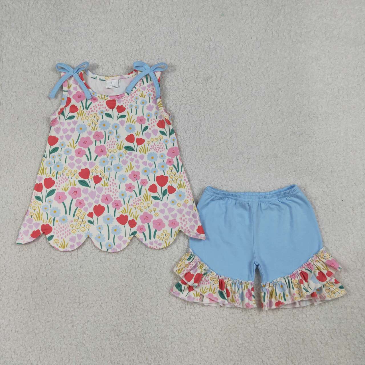 Sibling Baby Girls Floral Tank Top With Ruffle Shorts Scalloped Sets