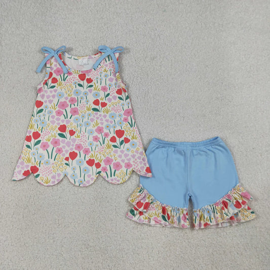 Sibling Baby Girls Colorful Flowers Scallop Tunic Ruffle Short Clothes Sets