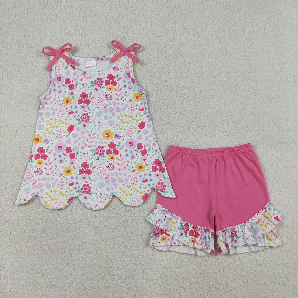 GSSO3391 Colorful Flowers Scallop Sleeveless Top Ruffle Shorts Girls Summer Clothes Set