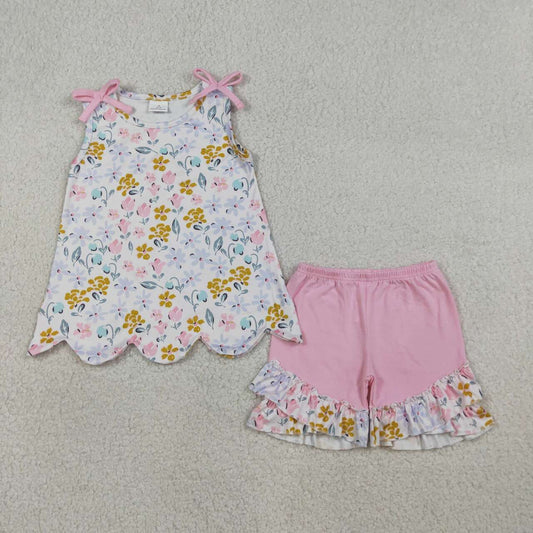 Sibling Baby Girls Floral Sleeveless  Scalloped  Top with Ruffle Shorts Outfit