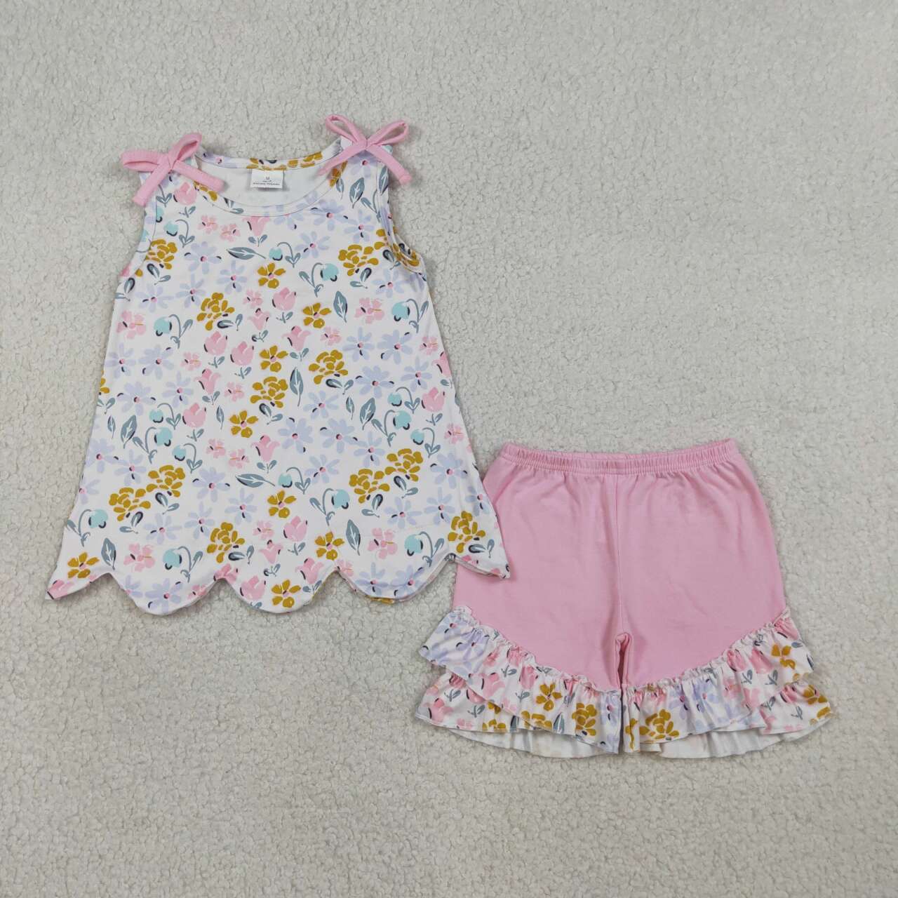 Sibling Baby Girls Floral Tank Top With Ruffle Shorts Scalloped Sets