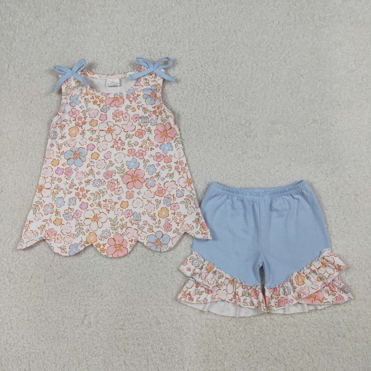 Sibling Baby Girls Floral Tank Top With Ruffle Shorts Scalloped Sets