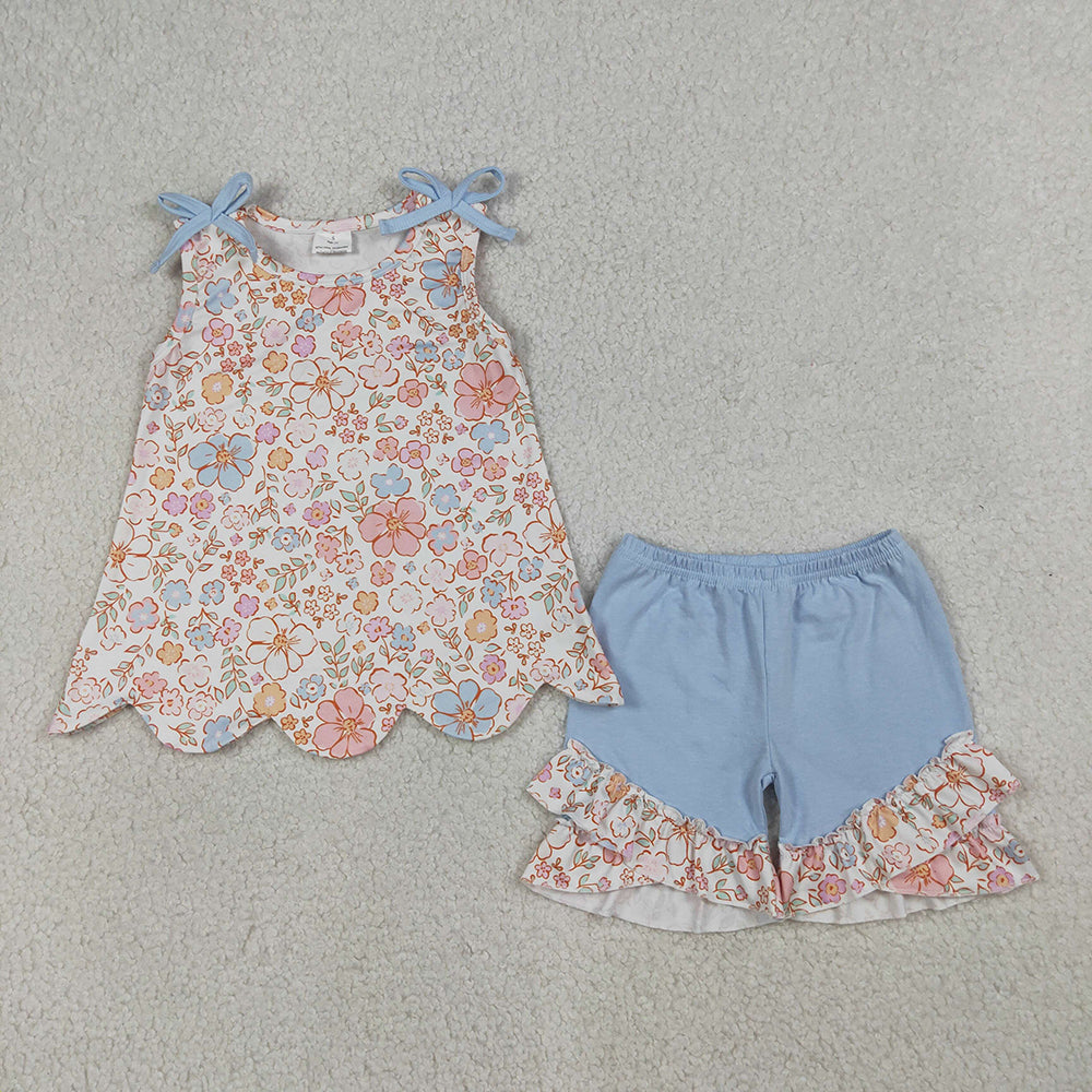 GSSO3393 Girls’ Colorful Floral & Leaf Sleeveless Top & Shorts Scallop Set with Blue Bows