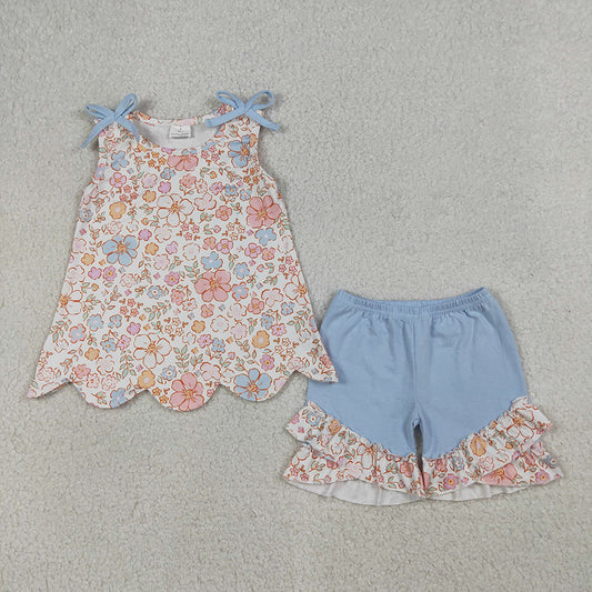 GSSO3393 Girls’ Colorful Floral & Leaf Sleeveless Top & Shorts Scallop Set with Blue Bows