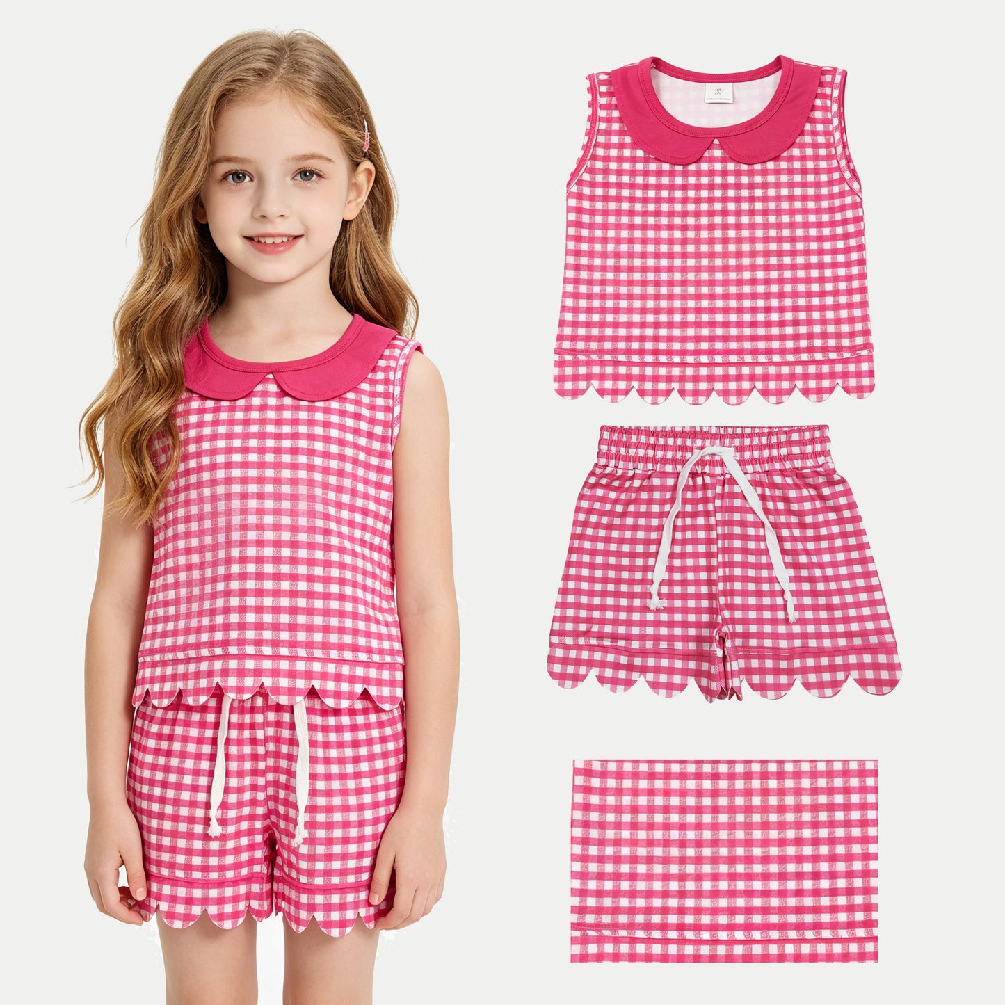 GSSO3395 Hot Pink Plaid Doll Collar Sleeveless Top Shorts Girls Summer Scallop Clothes Set