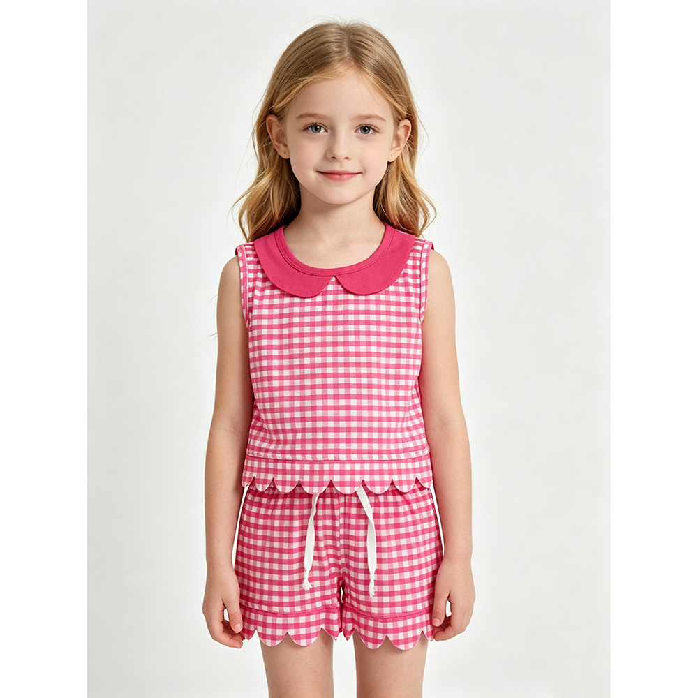 GSSO3395 Hot Pink Plaid Doll Collar Sleeveless Top Shorts Girls Summer Scallop Clothes Set