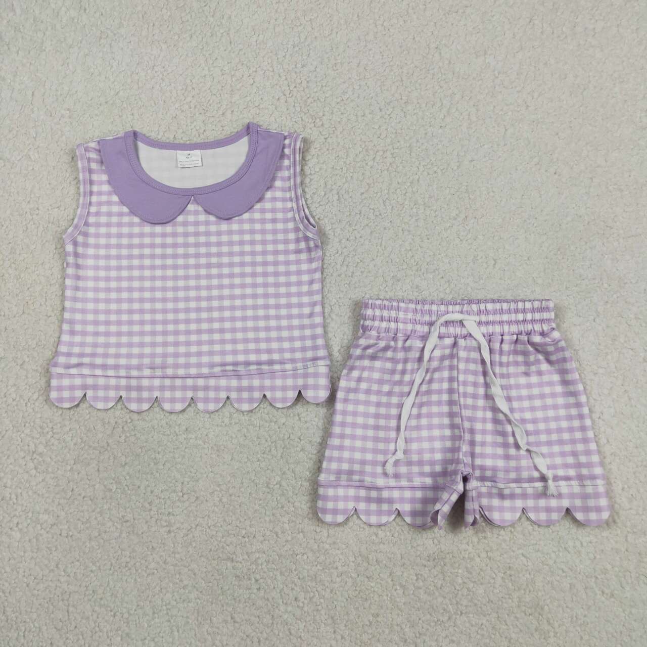 GSSO3396  Purple Plaid Doll Collar Sleeveless Top Shorts Girls Summer Scallop Clothes Set