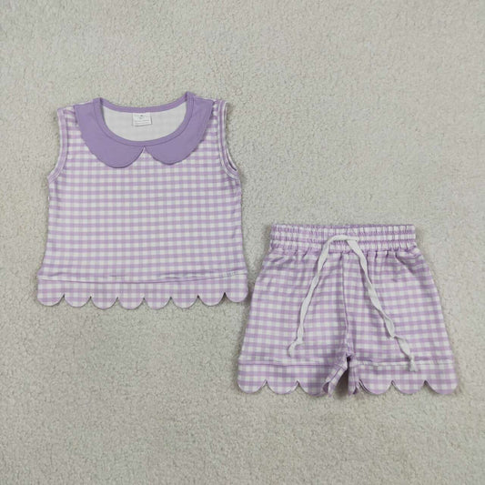 GSSO3396  Purple Plaid Doll Collar Sleeveless Top Shorts Girls Summer Scallop Clothes Set