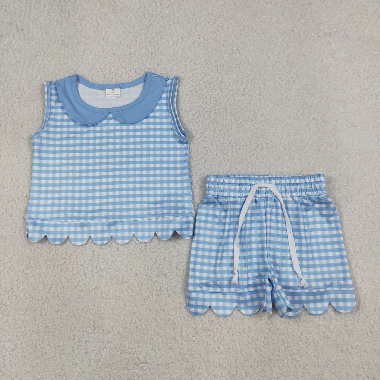 GSSO3397 Blue Plaid Doll Collar Tank Top Shorts Girls Summer Scallop Clothes Set