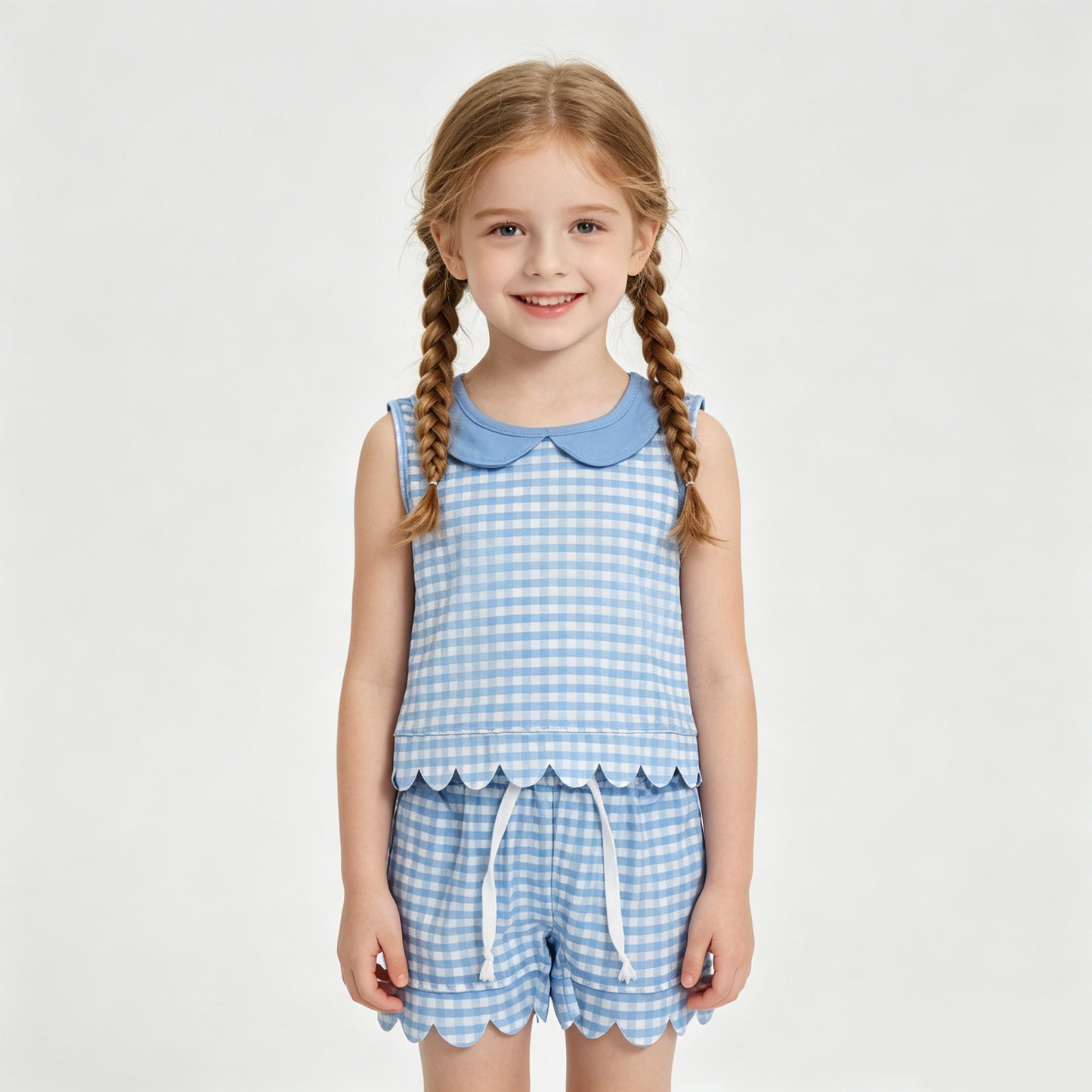 GSSO3397 Blue Plaid Doll Collar Tank Top Shorts Girls Summer Scallop Clothes Set