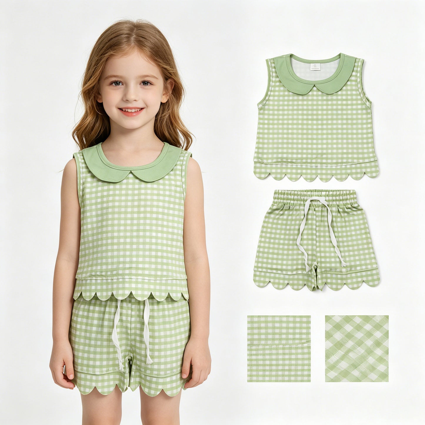 GSSO3398 Green Plaid Doll Collar Tank Top Shorts Girls Summer Scallop Clothes Set