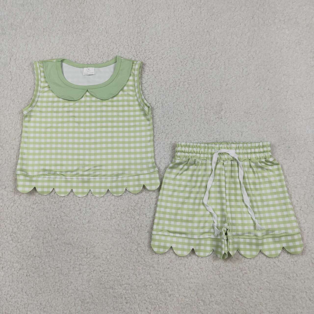 GSSO3398 Green Plaid Doll Collar Tank Top Shorts Girls Summer Scallop Clothes Set