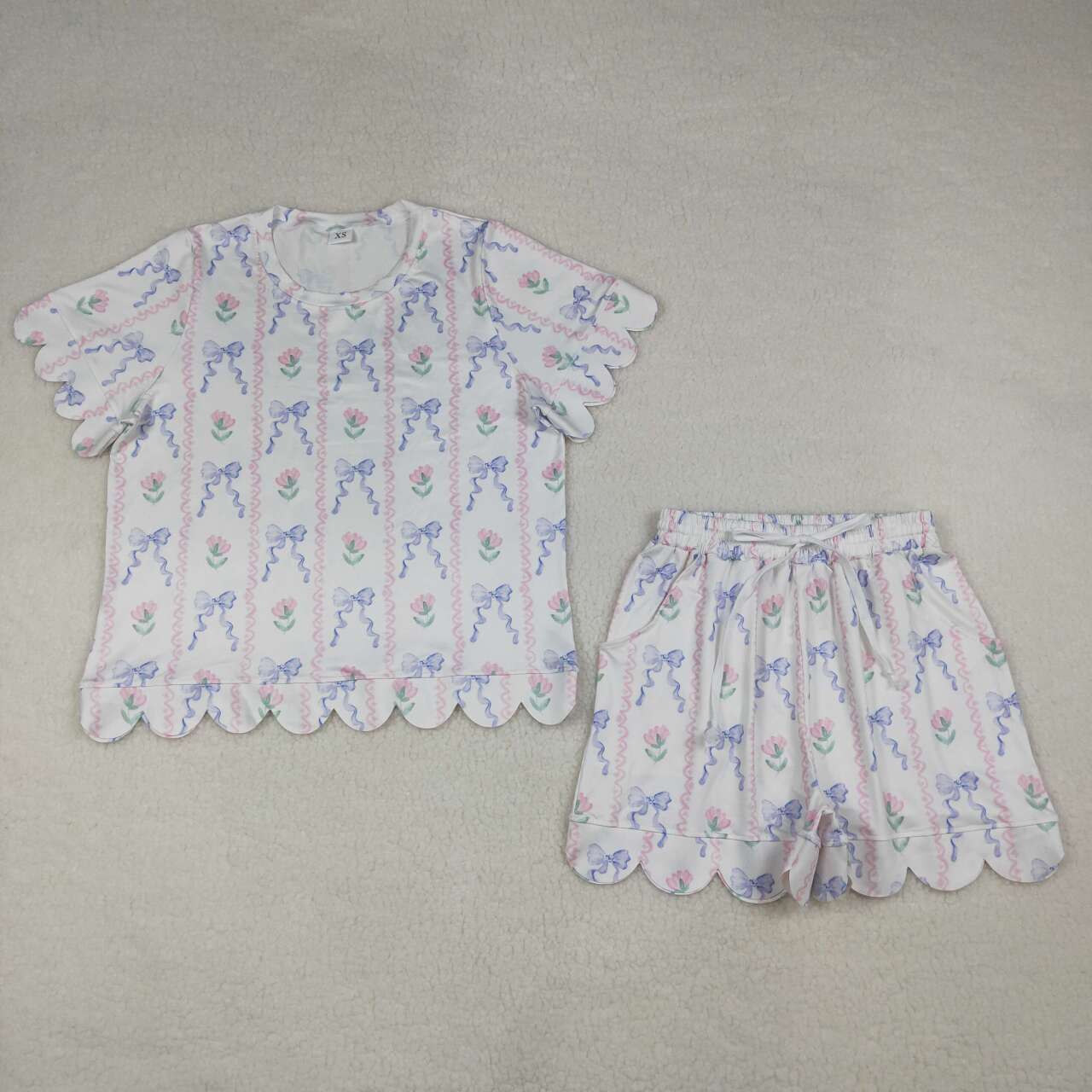 Mommy and Me Floral Bow Scallop Outfits, Short Sleeve Two Piece Set for Mother Daughter