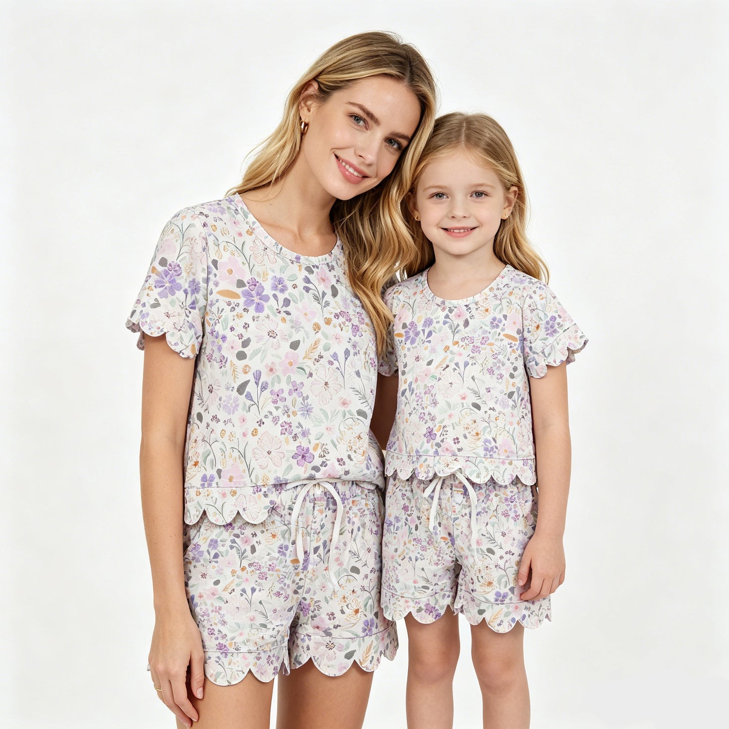 Mommy and Me Purple Flower Scallop Outfits, Short Sleeve Two Piece Set for Mother Daughter