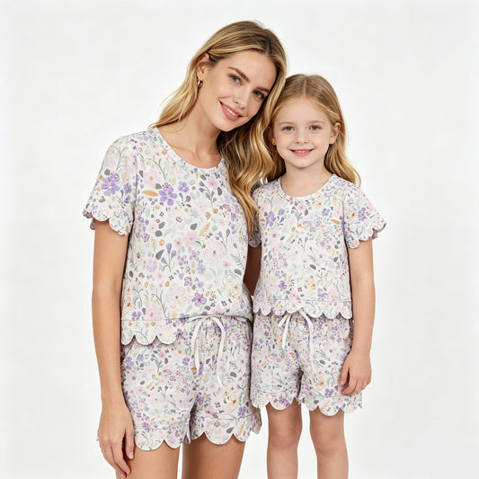 Mommy and Me Purple Flower Scallop Outfits, Short Sleeve Two Piece Set for Mother Daughter