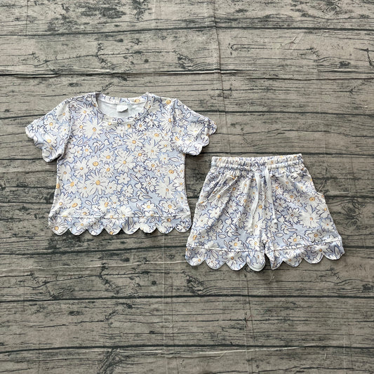 Girls Daisy Print Scallop Trim Outfit - Floral T-Shirt & Shorts Set Preorder