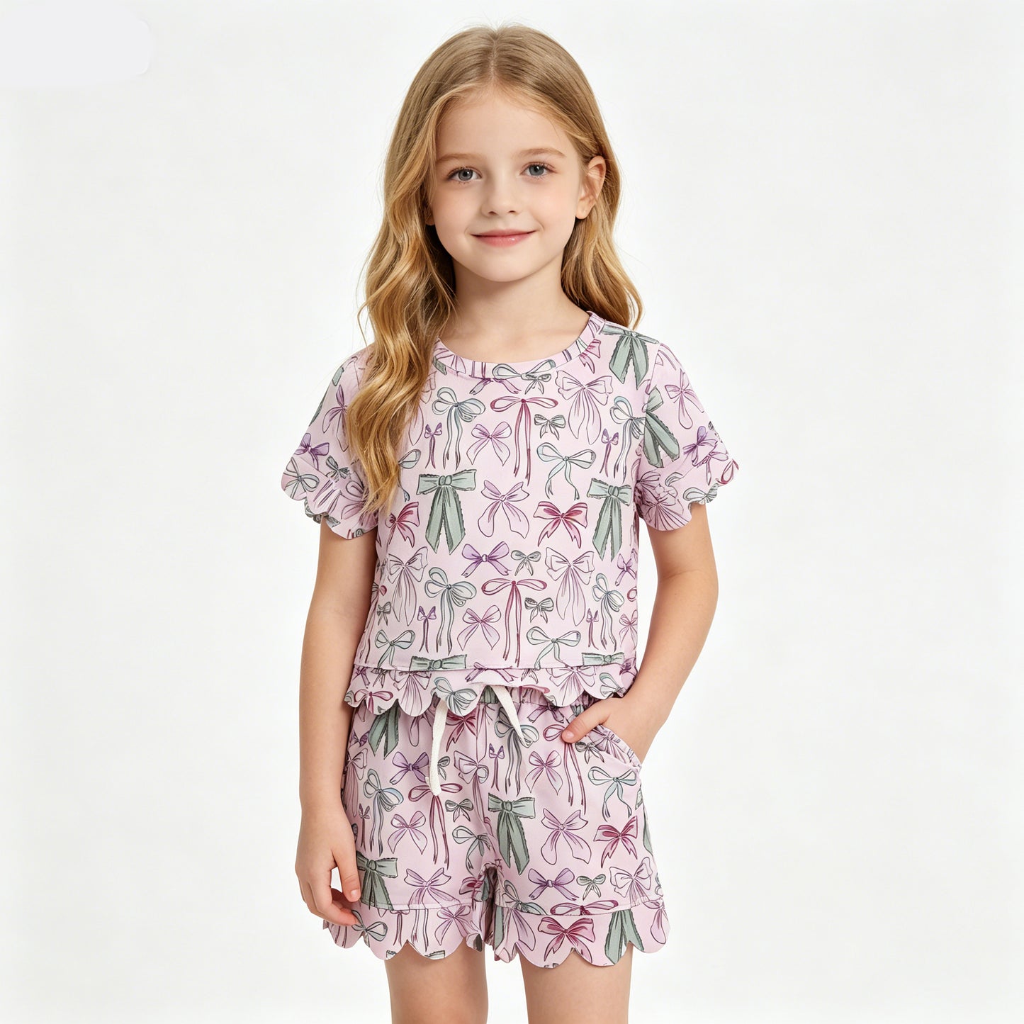 GSSO3409 Purple Bows Print Girls Summer Scallop Clothes Set