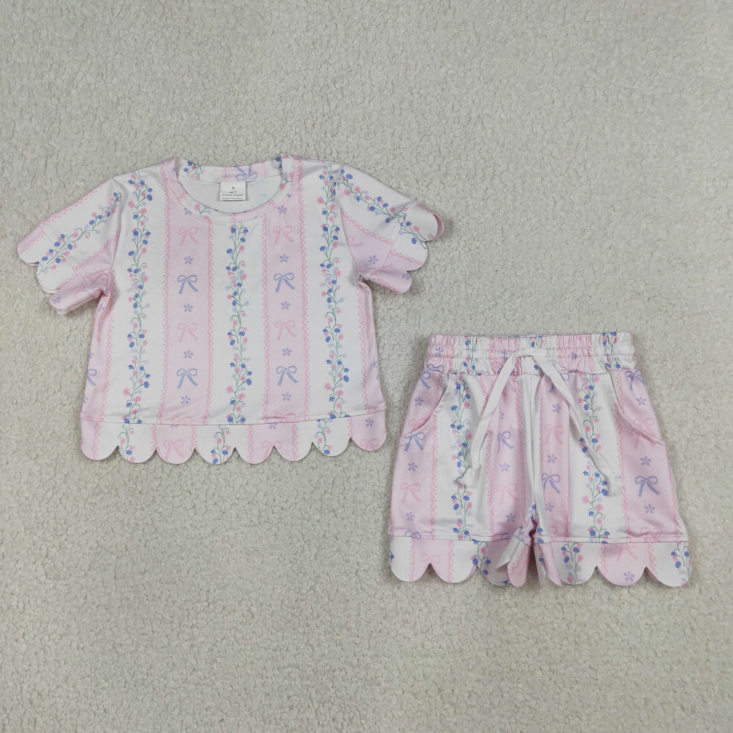 Girls Pink Blue Bow Floral Short Sleeve Top With Shorts  Scalloped Sets