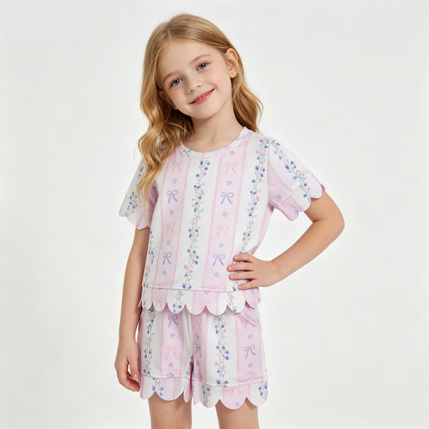 Girls Pink Blue Bow Floral Short Sleeve Top With Shorts  Scalloped Sets