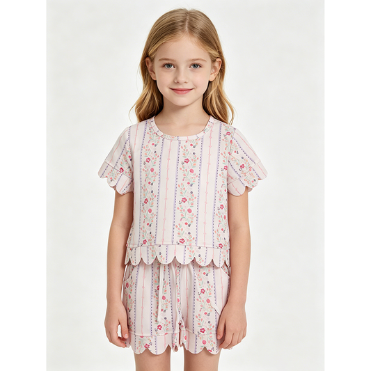 GSSO3411 Small Flowers Stripe Shorts Girls Summer Scallop Clothes Set