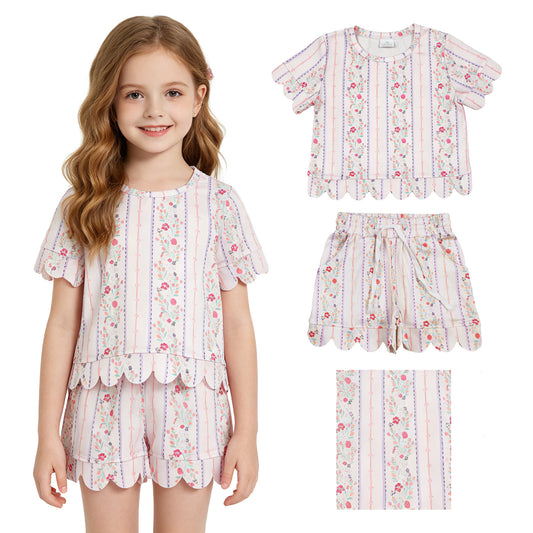 GSSO3411 Small Flowers Stripe Shorts Girls Summer Scallop Clothes Set