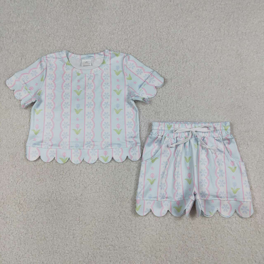 GSSO3412 Flowers Stripes Blue Scallop Shorts Set - Girls’