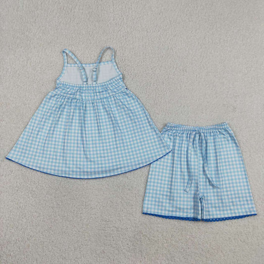 GSSO3418 Blue Plaid Strap Tunic Top Shorts Girls Summer Clothes Set