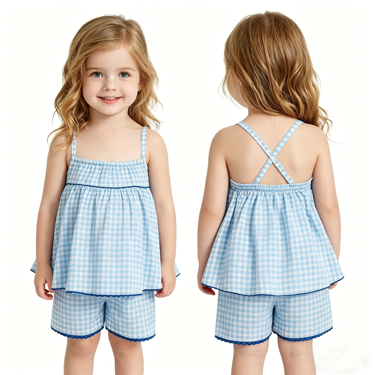 GSSO3418 Blue Plaid Strap Tunic Top Shorts Girls Summer Clothes Set