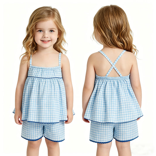 GSSO3418 Blue Plaid Strap Tunic Top Shorts Girls Summer Clothes Set