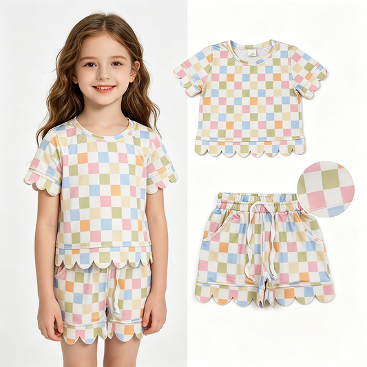 GSSO3419 Colorful Plaid Print Girls Summer Scallop Clothes Set