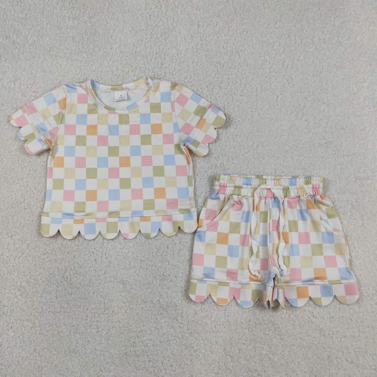 GSSO3419 Colorful Plaid Print Girls Summer Scallop Clothes Set