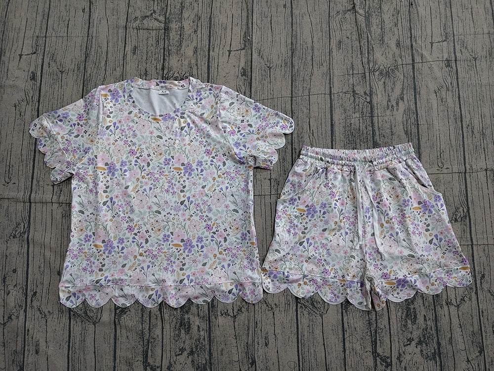 GSD3420 Preorder Colorful Flowers Top Pockets Shorts Woman Summer Scallop Clothes Set