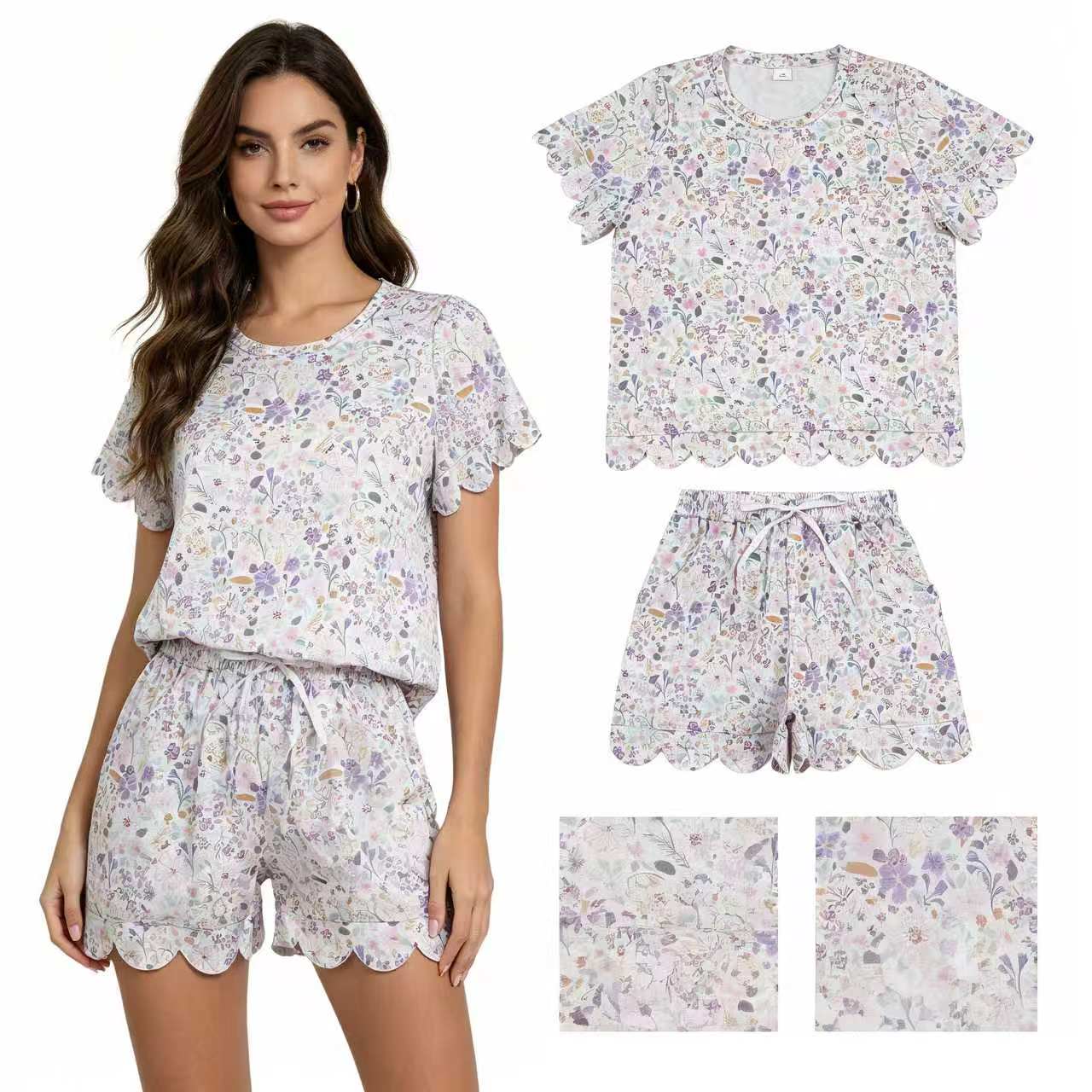 GSSO3420 Colorful Flowers Print Pockets Shorts Woman Summer Scallop Clothes Set