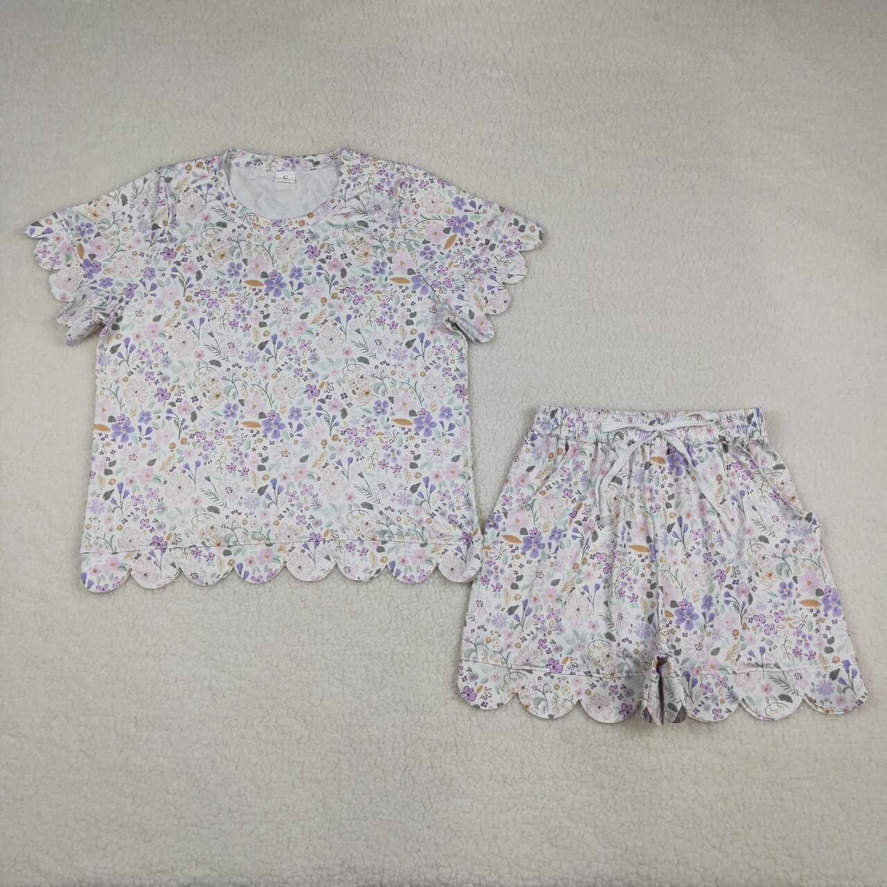 Mommy and Me Purple Flower Scallop Outfits, Short Sleeve Two Piece Set for Mother Daughter