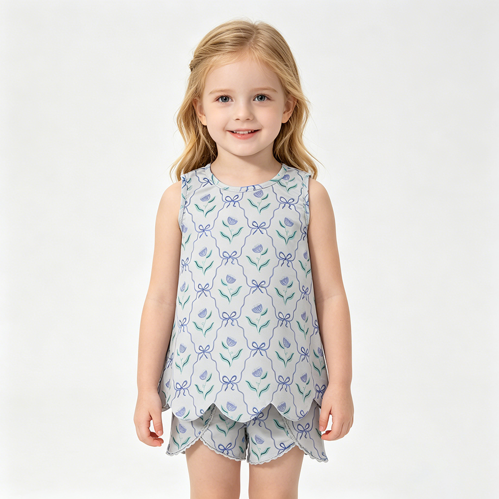 GSSO3426 Flowers Bows Scallop Sleeveless Top Shorts Girls Summer Clothes Set